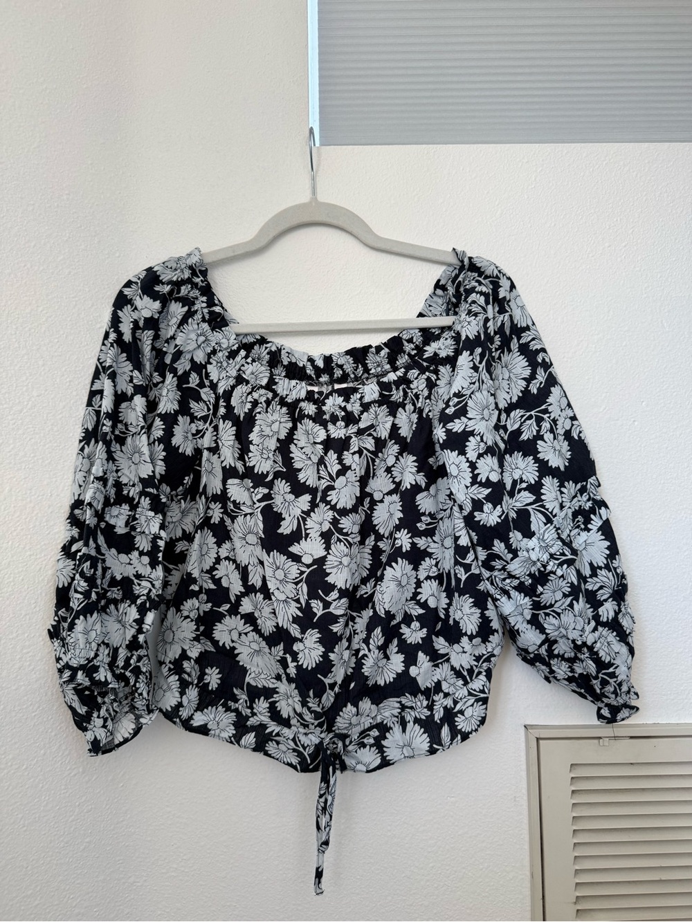 NWT LC Lauren Conrad Black and White Floral Off Shoulder Blouse with Tie Hem